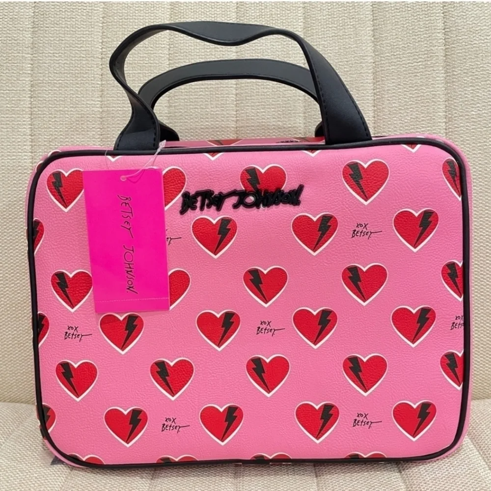 💕▪️Betsey Johnson▪️Pink Red Heart Briefcase Travel Makeup Bag Double Sided Zip